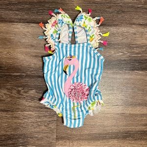 Bohemian Tasseled Blue Striped One Piece With Flamingo | 80